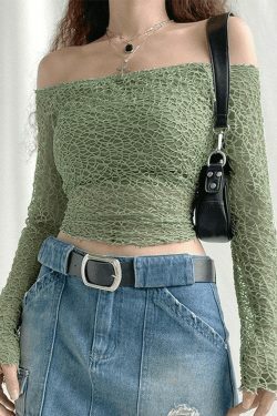 Y2K Aesthetic Off-Shoulder Mesh Long Sleeve Blouse