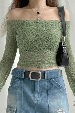 Y2K Aesthetic Off-Shoulder Mesh Long Sleeve Blouse