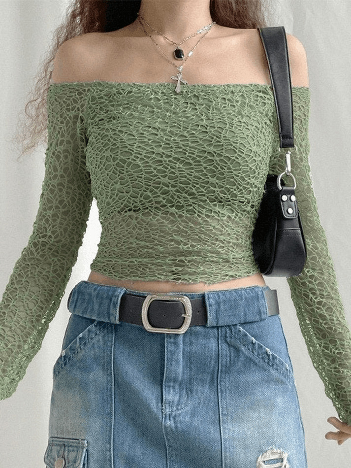 Y2K Aesthetic Off-Shoulder Mesh Long Sleeve Blouse Y2K Aesthetic Off-Shoulder Mesh Long Sleeve Blouse