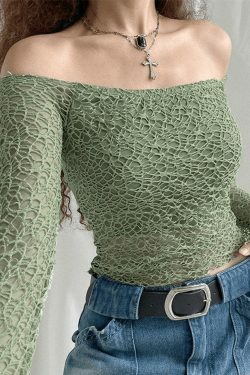 Y2K Aesthetic Off-Shoulder Mesh Long Sleeve Blouse