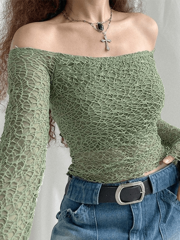 Y2K Aesthetic Off-Shoulder Mesh Long Sleeve Blouse Y2K Aesthetic Off-Shoulder Mesh Long Sleeve Blouse