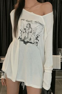 Y2K Aesthetic Off-Shoulder Print Long Sleeve Tee for Women - Coquette & Grunge Style Fashion