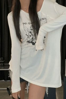 Y2K Aesthetic Off-Shoulder Print Long Sleeve Tee for Women - Coquette & Grunge Style Fashion