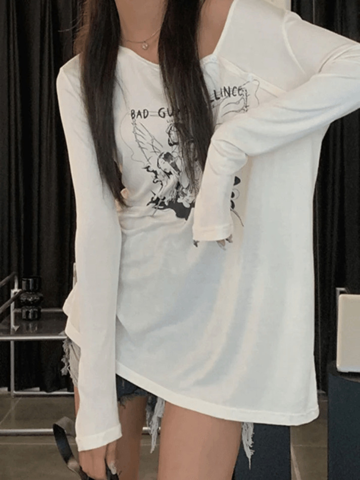Y2K Aesthetic Off-Shoulder Print Long Sleeve Tee for Women - Coquette & Grunge Style Fashion Y2K Aesthetic Off-Shoulder Print Long Sleeve Tee for Women - Coquette & Grunge Style Fashion