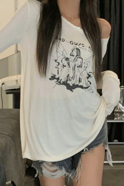 Y2K Aesthetic Off-Shoulder Print Long Sleeve Tee for Women - Coquette & Grunge Style Fashion
