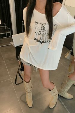 Y2K Aesthetic Off-Shoulder Print Long Sleeve Tee for Women - Coquette & Grunge Style Fashion