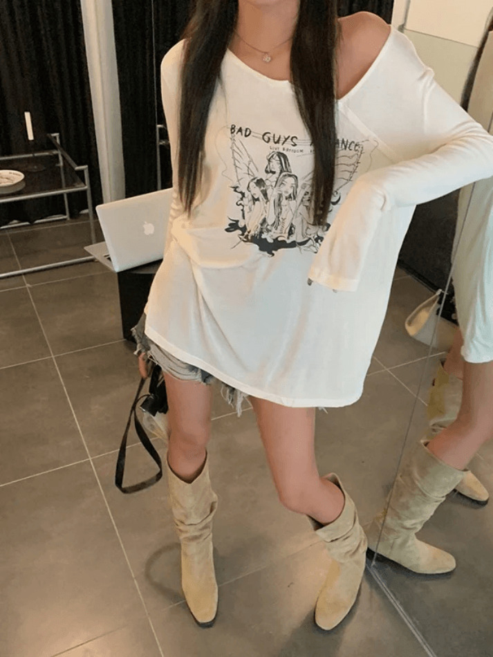 Y2K Aesthetic Off-Shoulder Print Long Sleeve Tee for Women - Coquette & Grunge Style Fashion Y2K Aesthetic Off-Shoulder Print Long Sleeve Tee for Women - Coquette & Grunge Style Fashion