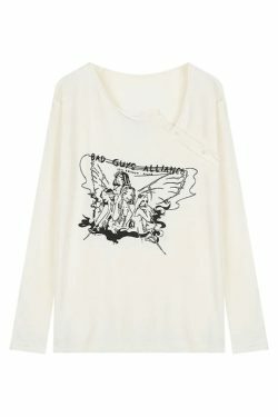 Y2K Aesthetic Off-Shoulder Print Long Sleeve Tee for Women - Coquette & Grunge Style Fashion