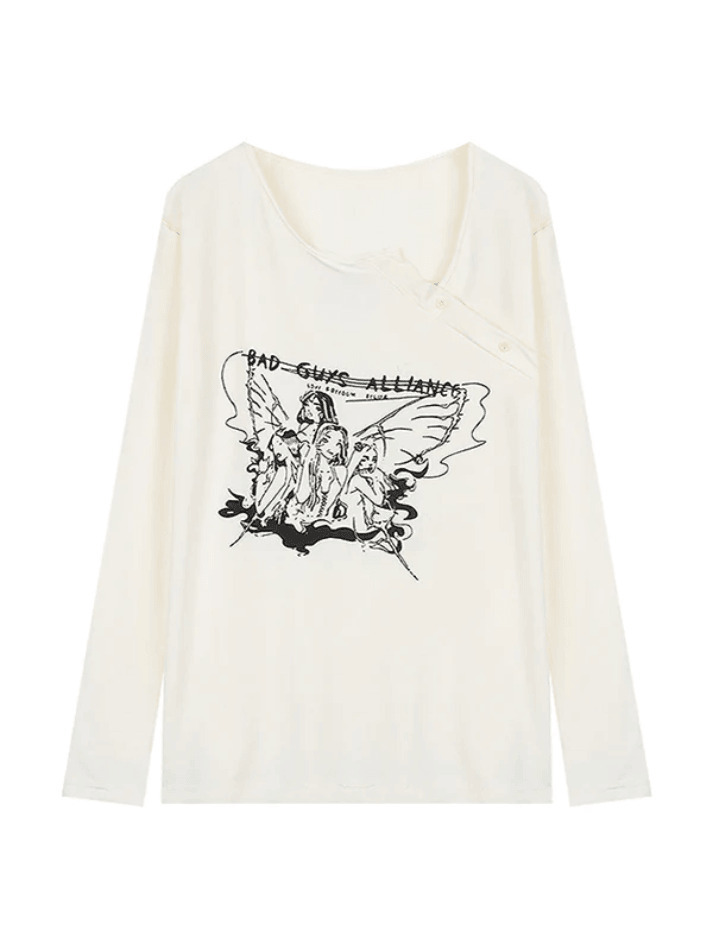 Y2K Aesthetic Off-Shoulder Print Long Sleeve Tee for Women - Coquette & Grunge Style Fashion Y2K Aesthetic Off-Shoulder Print Long Sleeve Tee for Women - Coquette & Grunge Style Fashion