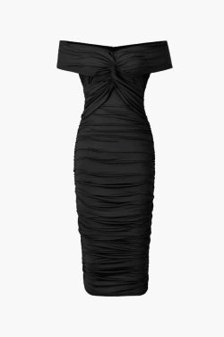 Y2K Aesthetic Off-Shoulder Ruched Midi Dress for Women - Coquette & Grunge Style Fashion