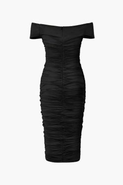 Y2K Aesthetic Off-Shoulder Ruched Midi Dress for Women - Coquette & Grunge Style Fashion