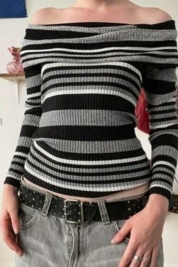 Y2K Aesthetic Off-Shoulder Sweater: Coquette & Grunge Style Contrast Color Slim Fit