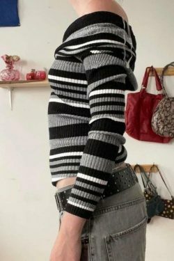 Y2K Aesthetic Off-Shoulder Sweater: Coquette & Grunge Style Contrast Color Slim Fit