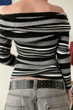 Y2K Aesthetic Off-Shoulder Sweater: Coquette & Grunge Style Contrast Color Slim Fit