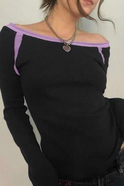 Y2K Aesthetic Off-Shoulder Tee: Coquette & Grunge Style Contrast Color Long Sleeve - Women's Fashion