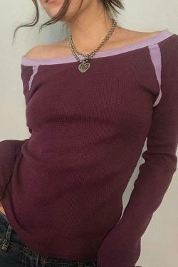 Y2K Aesthetic Off-Shoulder Tee: Coquette & Grunge Style Contrast Color Long Sleeve - Women's Fashion