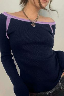 Y2K Aesthetic Off-Shoulder Tee: Coquette & Grunge Style Contrast Color Long Sleeve - Women's Fashion