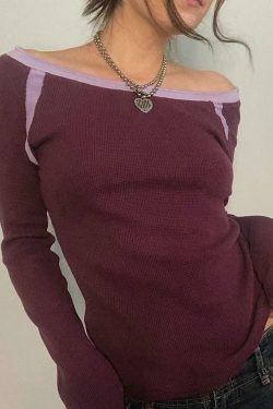 Y2K Aesthetic Off-Shoulder Tee: Coquette & Grunge Style Contrast Color Long Sleeve - Women's Fashion