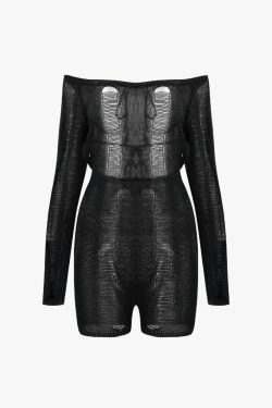 Y2K Aesthetic Off-The-Shoulder Knit Romper with Distressed Detail