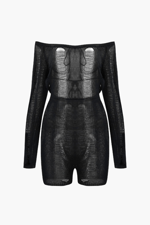 Y2K Aesthetic Off-The-Shoulder Knit Romper with Distressed Detail Y2K Aesthetic Off-The-Shoulder Knit Romper with Distressed Detail