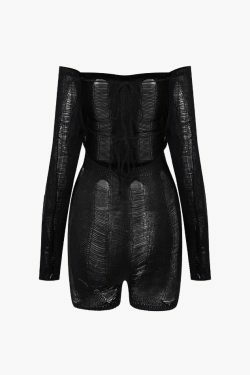 Y2K Aesthetic Off-The-Shoulder Knit Romper with Distressed Detail