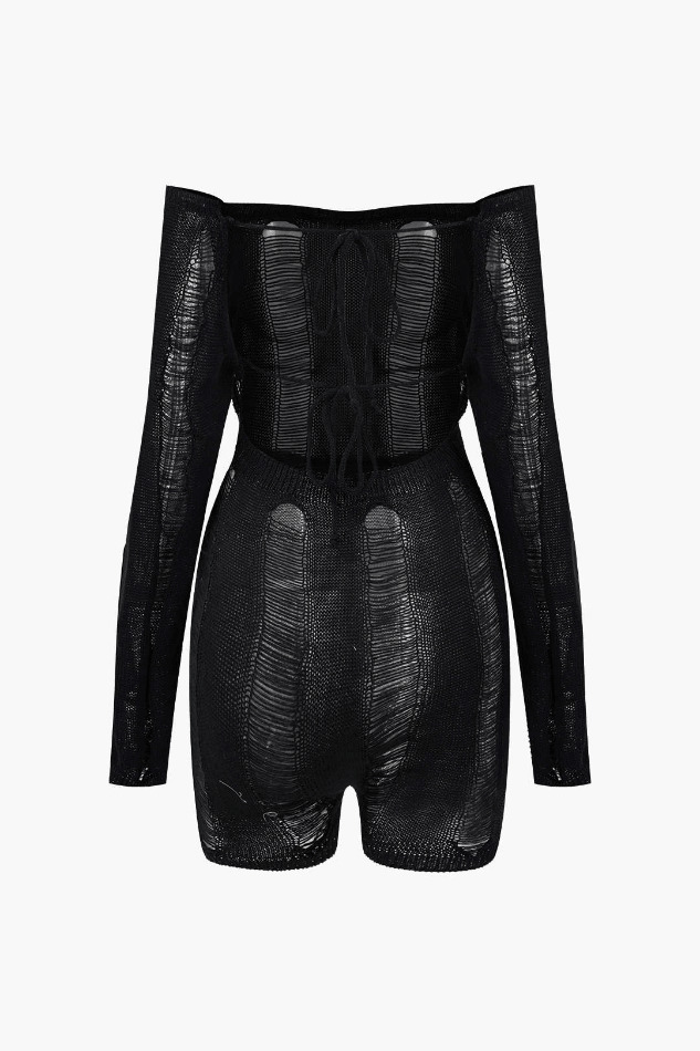 Y2K Aesthetic Off-The-Shoulder Knit Romper with Distressed Detail Y2K Aesthetic Off-The-Shoulder Knit Romper with Distressed Detail