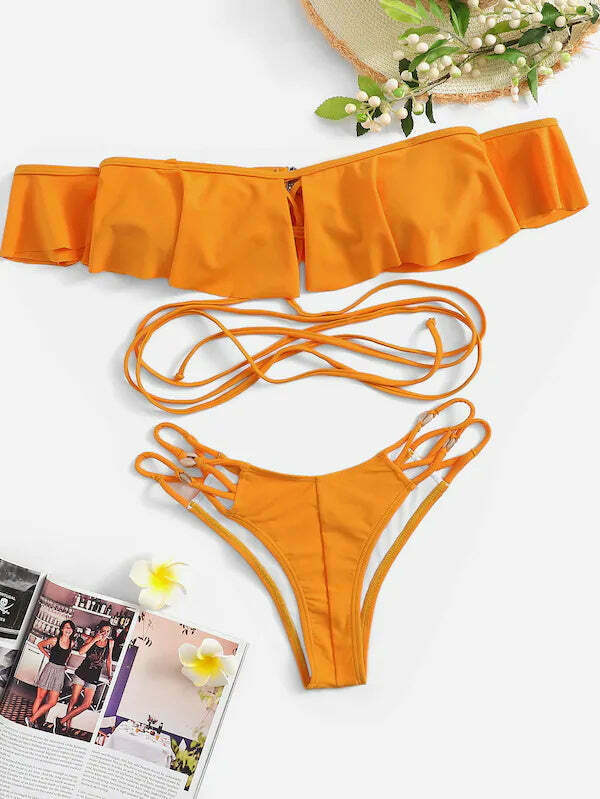 Y2K Aesthetic Off Shoulder Bikini Set for Women - Coquette Style Grunge Fashion with a Sexy Twist Y2K Aesthetic Off Shoulder Bikini Set for Women - Coquette Style Grunge Fashion with a Sexy Twist