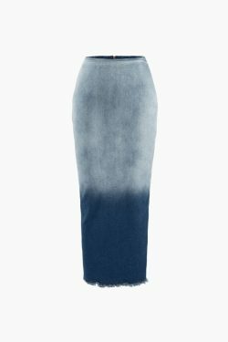 Y2K Aesthetic Ombre Frayed Slit Denim Maxi Skirt for Women - Coquette & Grunge Fashion