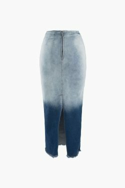 Y2K Aesthetic Ombre Frayed Slit Denim Maxi Skirt for Women - Coquette & Grunge Fashion