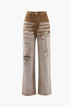 Y2K Aesthetic Ombre Ripped Straight Leg Jeans - Coquette Grunge & Pastel Goth Style