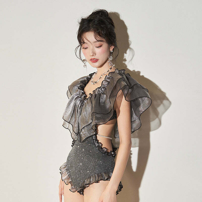 Y2K Aesthetic One-Shoulder Ruffles Bikini for Women Y2K Aesthetic One-Shoulder Ruffles Bikini for Women