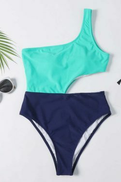 Y2K Aesthetic One Shoulder Cutout Swimsuit in Colorblock Style