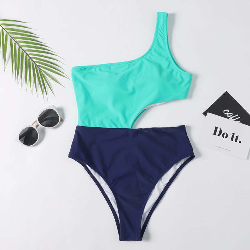 Y2K Aesthetic One Shoulder Cutout Swimsuit in Colorblock Style Y2K Aesthetic One Shoulder Cutout Swimsuit in Colorblock Style
