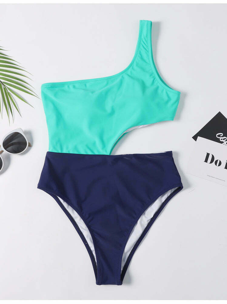 Y2K Aesthetic One Shoulder Cutout Swimsuit in Colorblock Style Y2K Aesthetic One Shoulder Cutout Swimsuit in Colorblock Style