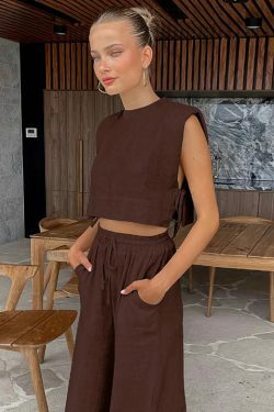 Y2K Aesthetic Out And About Linen Set for Women - Coquette Style Vacation Fashion