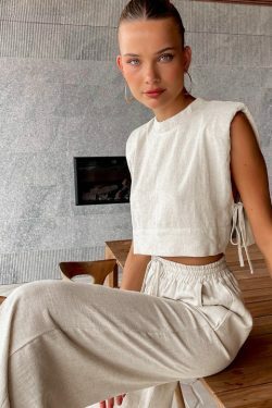 Y2K Aesthetic Out And About Linen Set for Women - Coquette Style Vacation Fashion