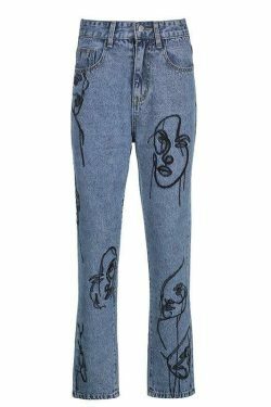 Y2K Aesthetic Outline Embroidery Mom Jeans - Coquette Grunge Fashion for Women
