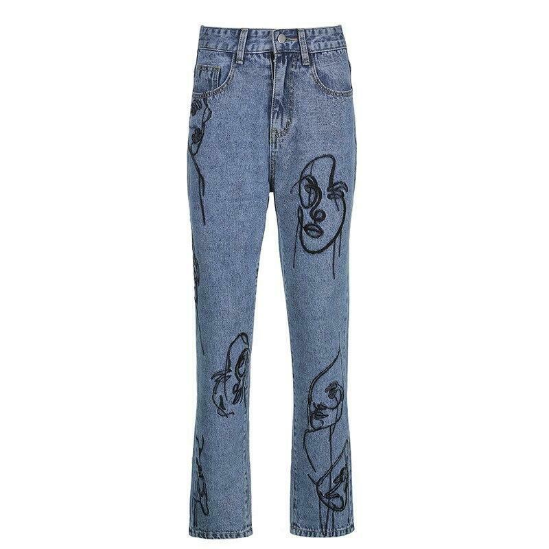 Y2K Aesthetic Outline Embroidery Mom Jeans - Coquette Grunge Fashion for Women Y2K Aesthetic Outline Embroidery Mom Jeans - Coquette Grunge Fashion for Women
