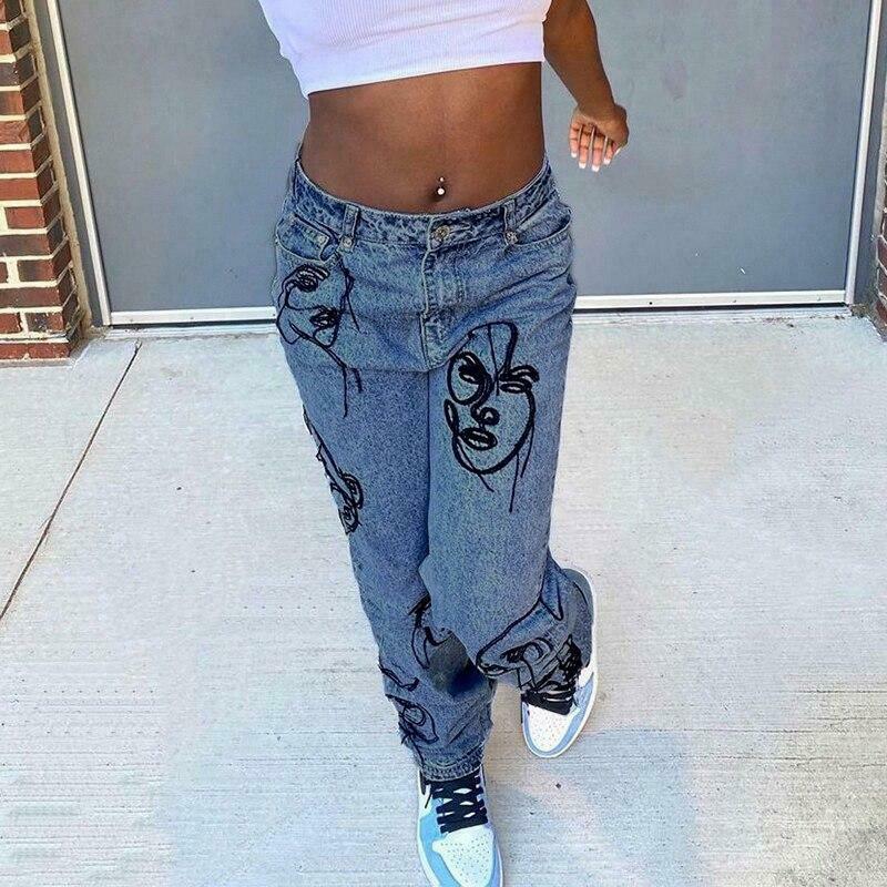 Y2K Aesthetic Outline Embroidery Mom Jeans - Coquette Grunge Fashion for Women Y2K Aesthetic Outline Embroidery Mom Jeans - Coquette Grunge Fashion for Women
