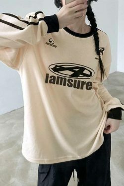 Y2K Aesthetic Oversized Long Sleeve Tee with Contrast Color Letter Print