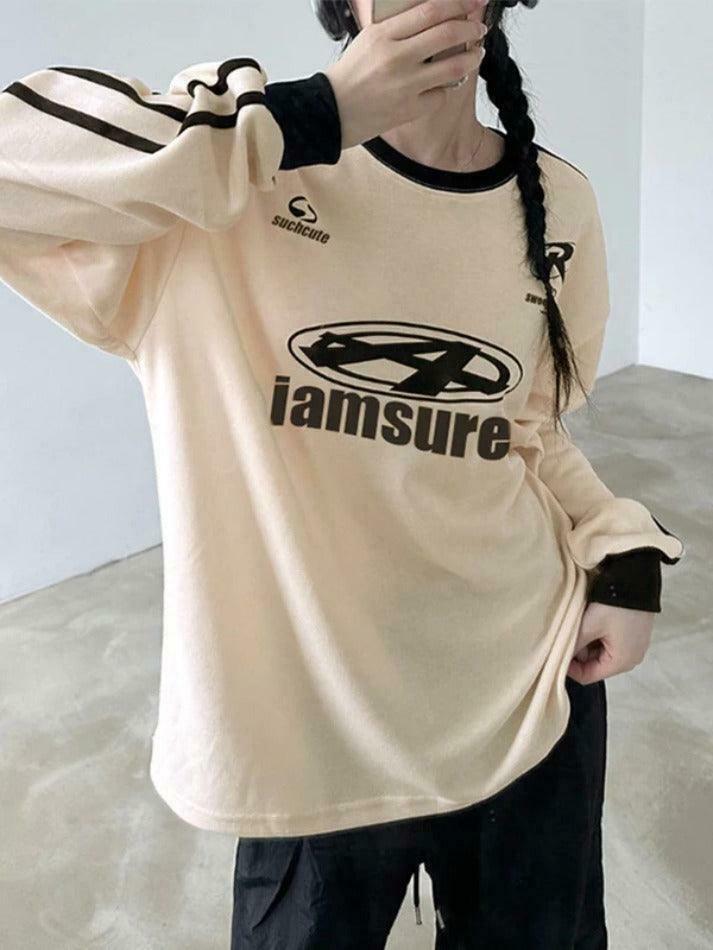 Y2K Aesthetic Oversized Long Sleeve Tee with Contrast Color Letter Print