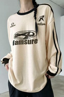 Y2K Aesthetic Oversized Long Sleeve Tee with Contrast Color Letter Print