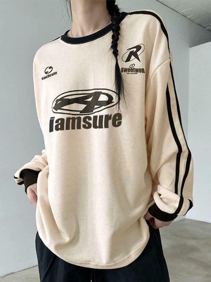 Y2K Aesthetic Oversized Long Sleeve Tee with Contrast Color Letter Print