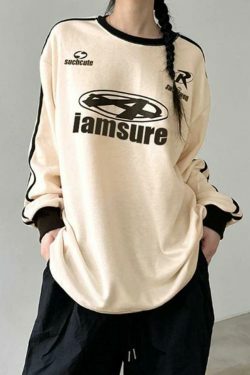 Y2K Aesthetic Oversized Long Sleeve Tee with Contrast Color Letter Print