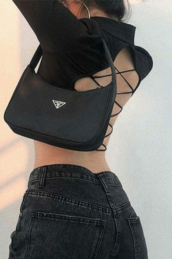 Y2K Aesthetic Owen Open Back Crop Top - Coquette Grunge Fashion with Pastel Goth Touch