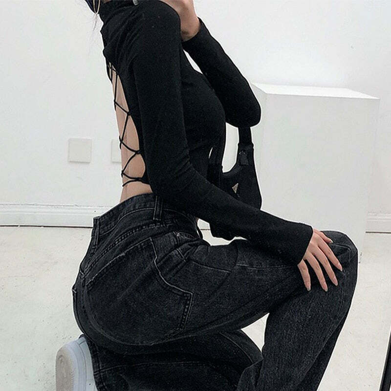 Y2K Aesthetic Owen Open Back Crop Top - Coquette Grunge Fashion with Pastel Goth Touch