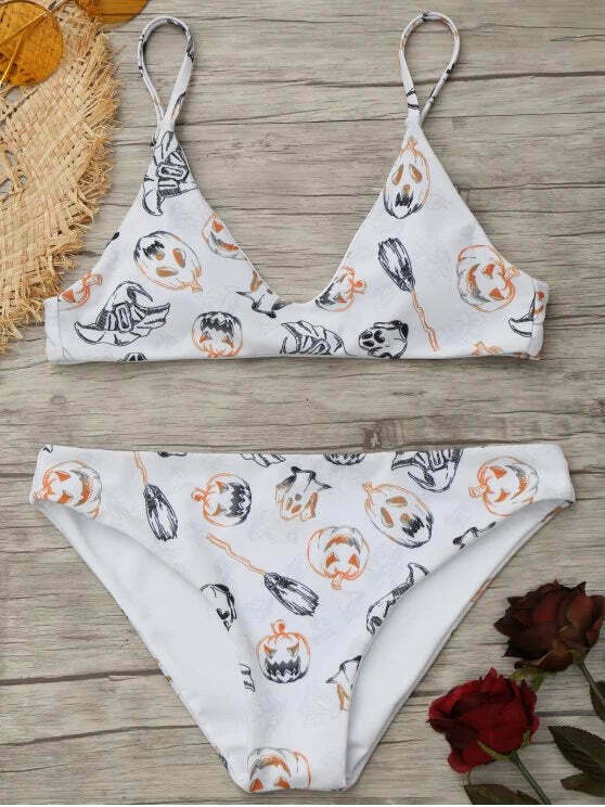 Y2K Aesthetic Padded Pumpkin Bikini Set for Women - Coquette Style Halloween Fashion