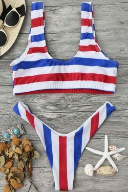 Y2K Aesthetic Padded Striped High Cut Scoop Bikini Set