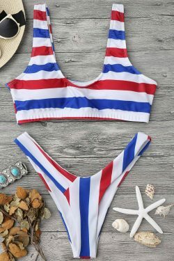 Y2K Aesthetic Padded Striped High Cut Scoop Bikini Set
