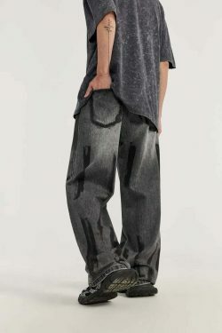 Y2K Aesthetic Paint Stripe Faded Baggy Jeans - Vintage Style Denim for Women